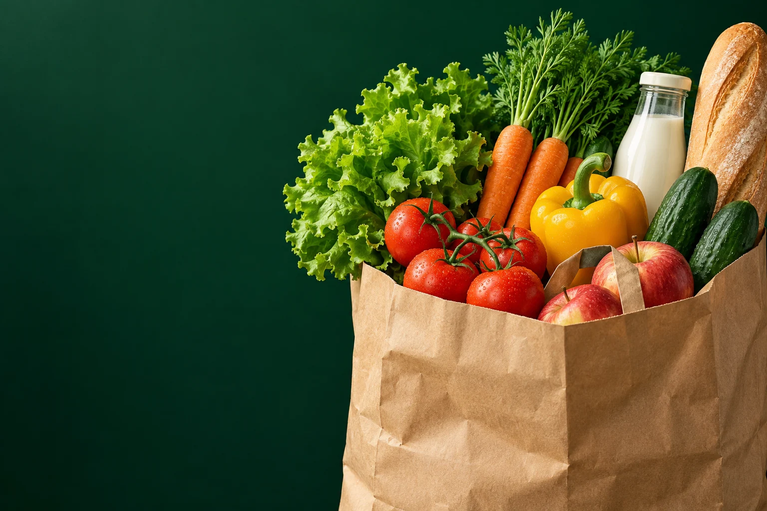 Taze sebzeler, ekmek ve süt içeren temsili market çantası